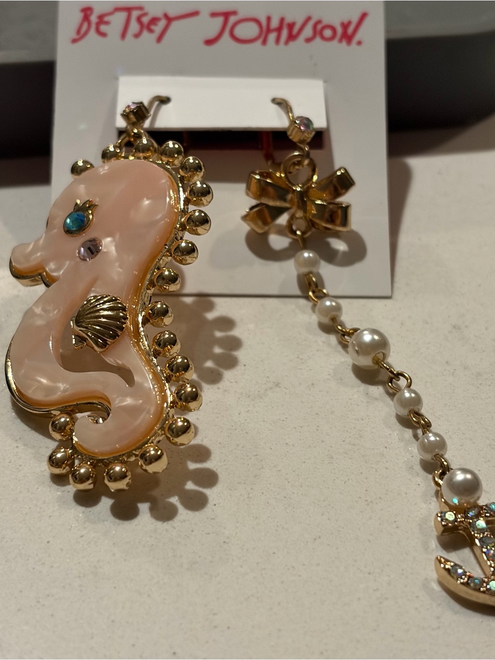 Betsey Johnson Mismatched Seahorse and Pearl Drop Anchor Earrings